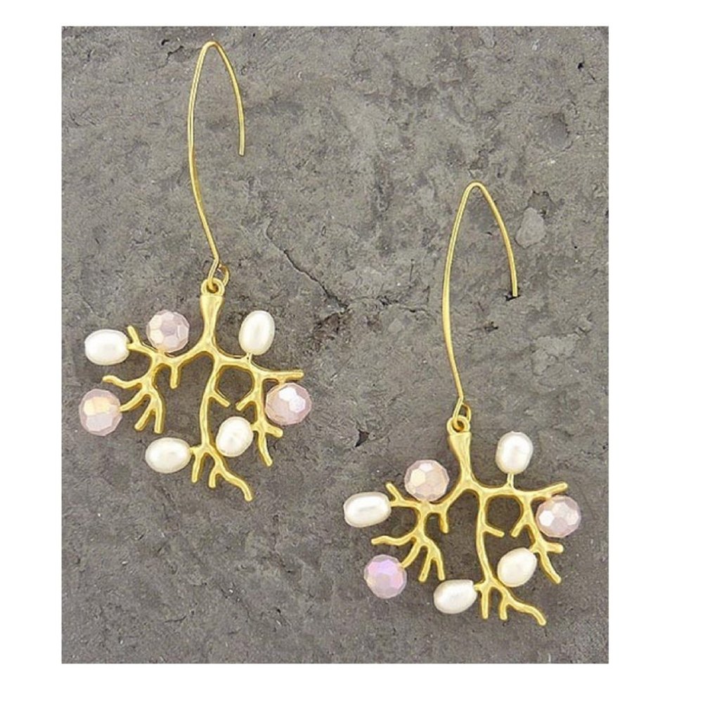 Light Pink Beads & White Freshwater Pearls on Gold Coral Branch Earrings